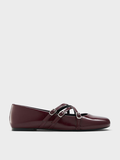 CHARLES & KEITH Smart Buy / Patent Triple-Strap Mary Jane Flats - Burgundy