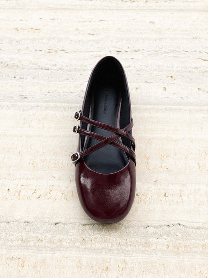 CHARLES & KEITH Smart Buy / Patent Triple-Strap Mary Jane Flats - Burgundy