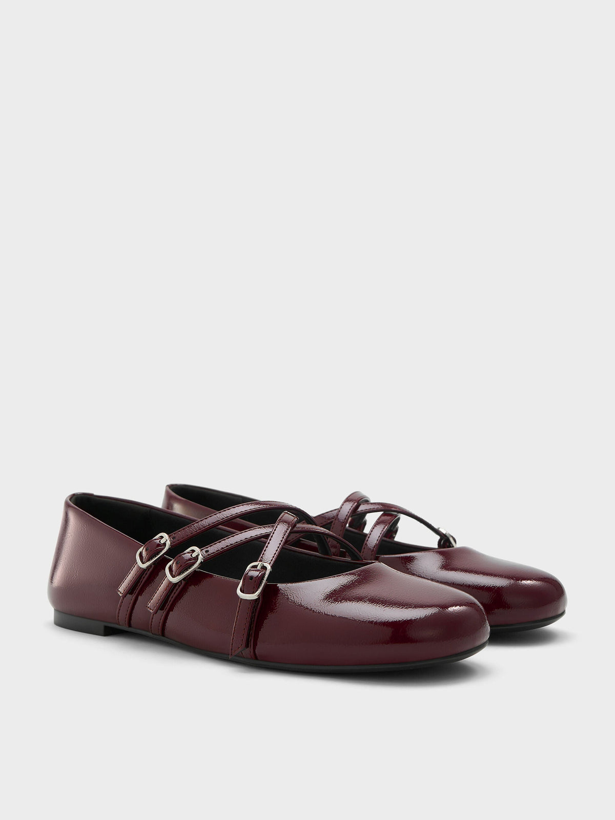 CHARLES & KEITH Smart Buy / Patent Triple-Strap Mary Jane Flats - Burgundy