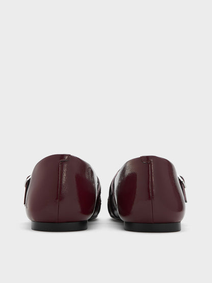 CHARLES & KEITH Smart Buy / Patent Triple-Strap Mary Jane Flats - Burgundy