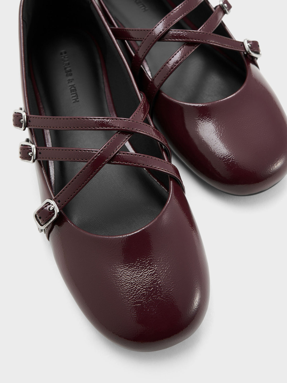 CHARLES & KEITH Smart Buy / Patent Triple-Strap Mary Jane Flats - Burgundy