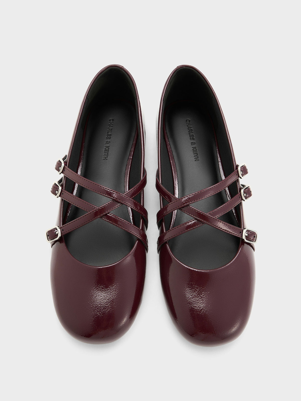 CHARLES & KEITH Smart Buy / Patent Triple-Strap Mary Jane Flats - Burgundy