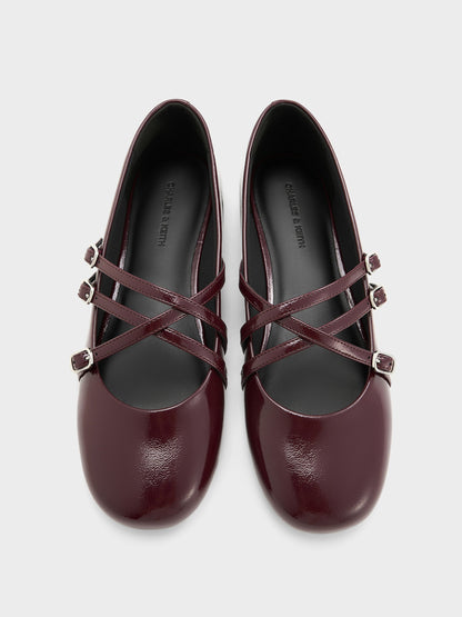 CHARLES & KEITH Smart Buy / Patent Triple-Strap Mary Jane Flats - Burgundy