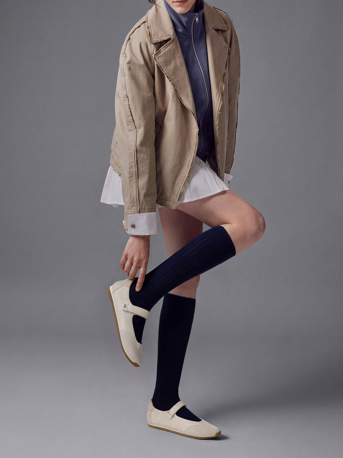 CHARLES & KEITH Classic / Jace Leather & Suede Mary Jane Sneakers - Chalk
