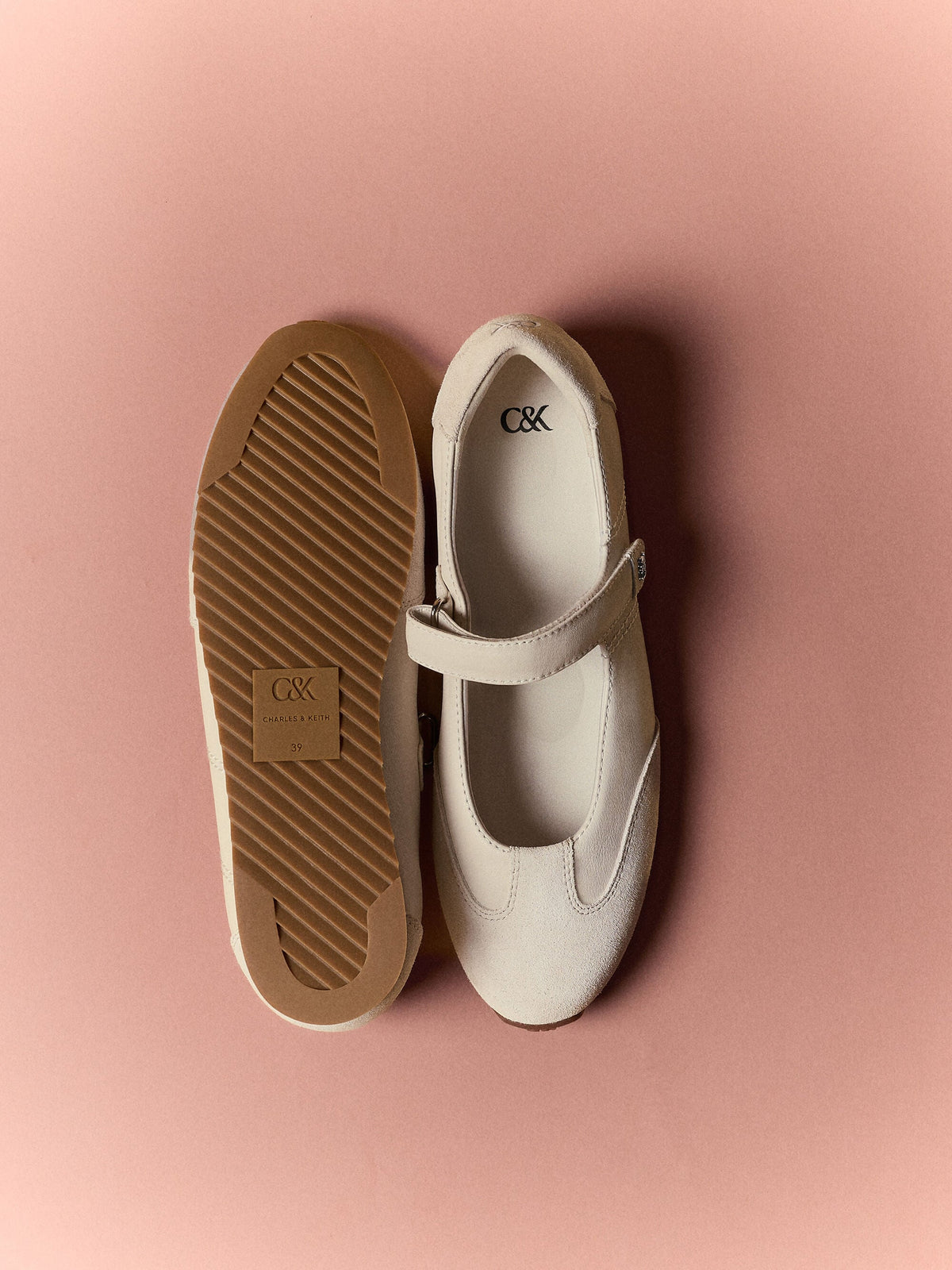 CHARLES & KEITH Classic / Jace Leather & Suede Mary Jane Sneakers - Chalk