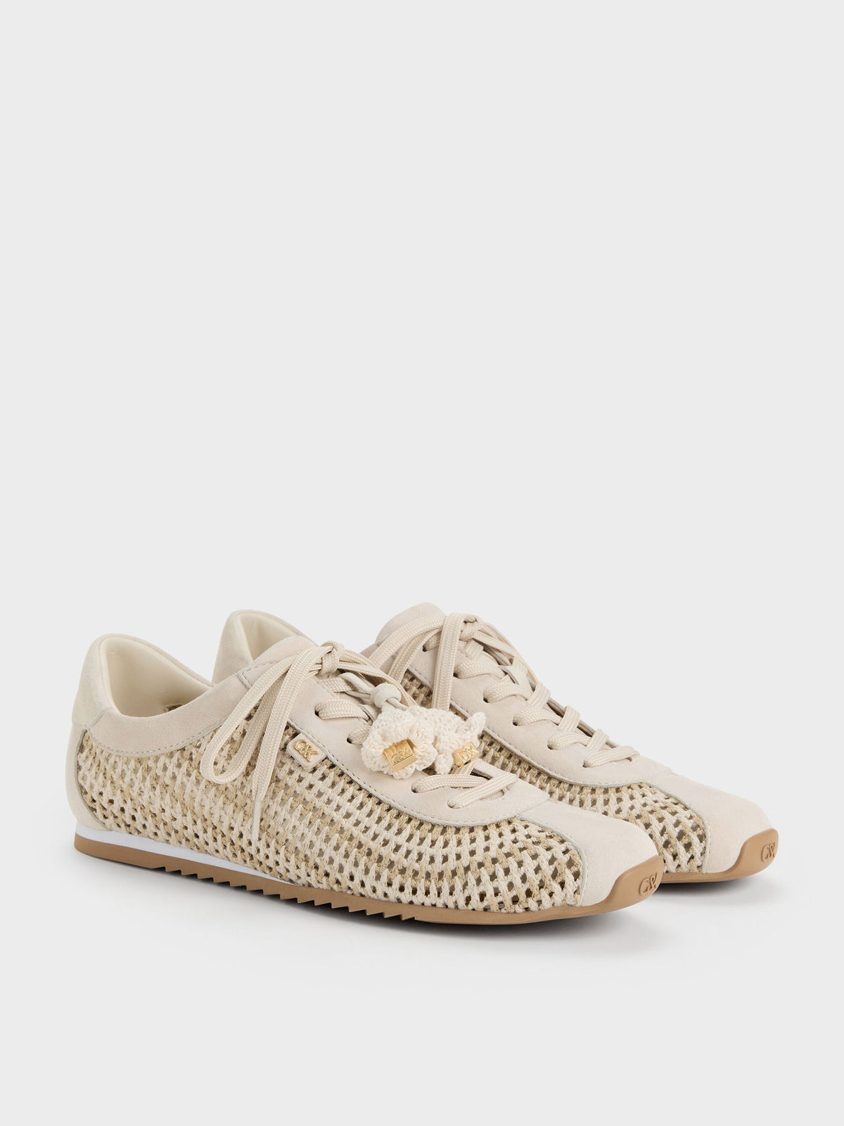 CHARLES & KEITH Trusted / Jace Crochet & Suede Flower Sneakers - Chalk