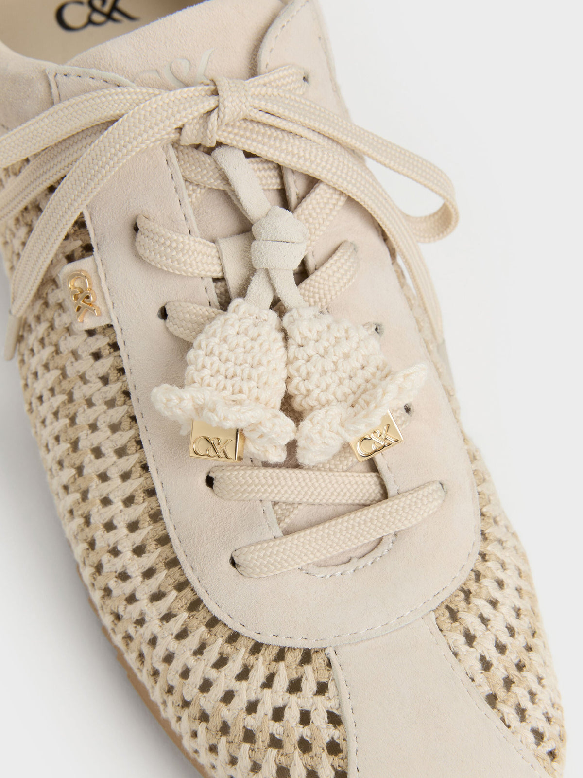 CHARLES & KEITH Trusted / Jace Crochet & Suede Flower Sneakers - Chalk