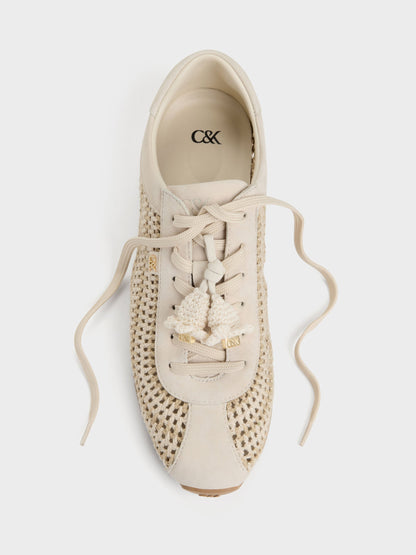 CHARLES & KEITH Trusted / Jace Crochet & Suede Flower Sneakers - Chalk