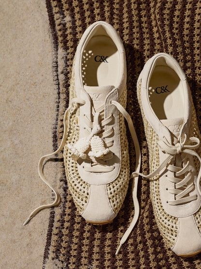CHARLES & KEITH Trusted / Jace Crochet & Suede Flower Sneakers - Chalk