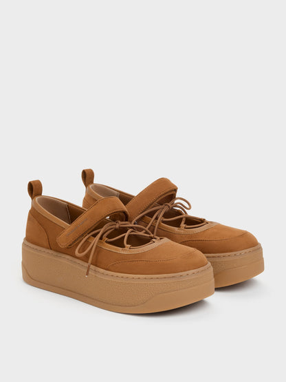 CHARLES & KEITH Everyday / Faux Suede Mary Jane Platform Sneakers - Cognac