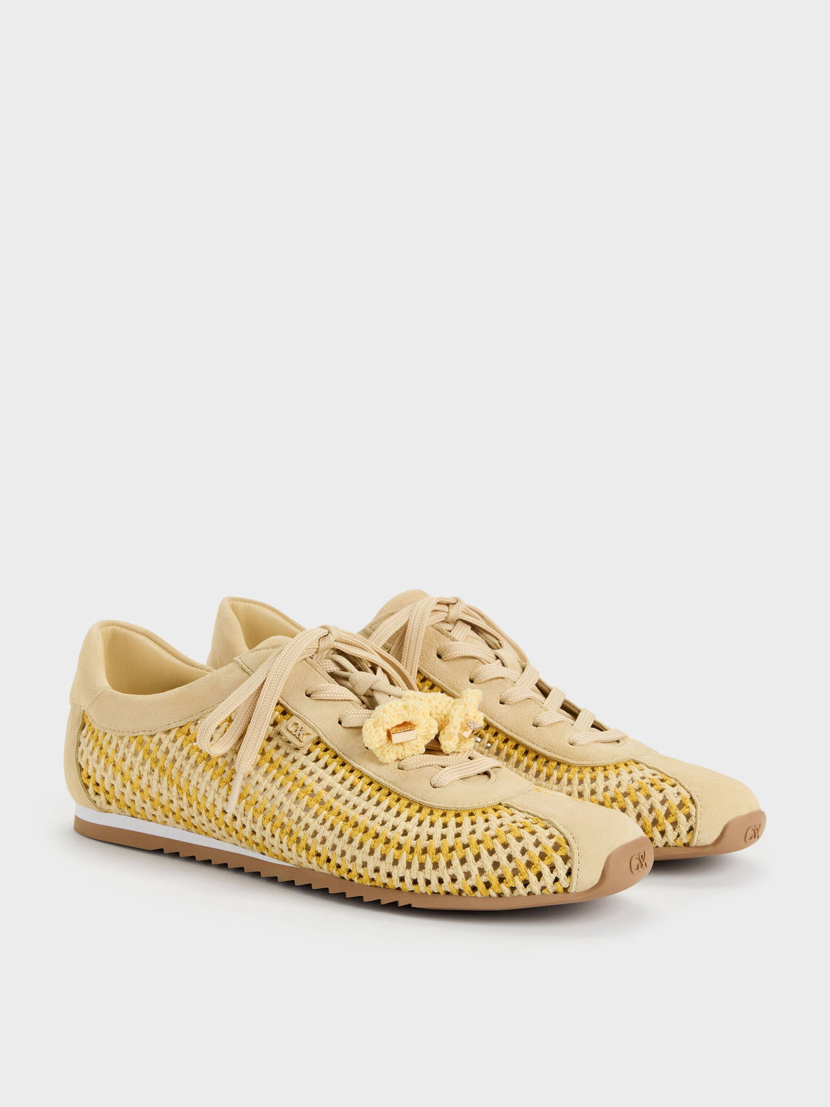 CHARLES & KEITH Premium / Jace Crochet & Suede Flower Sneakers - Yellow