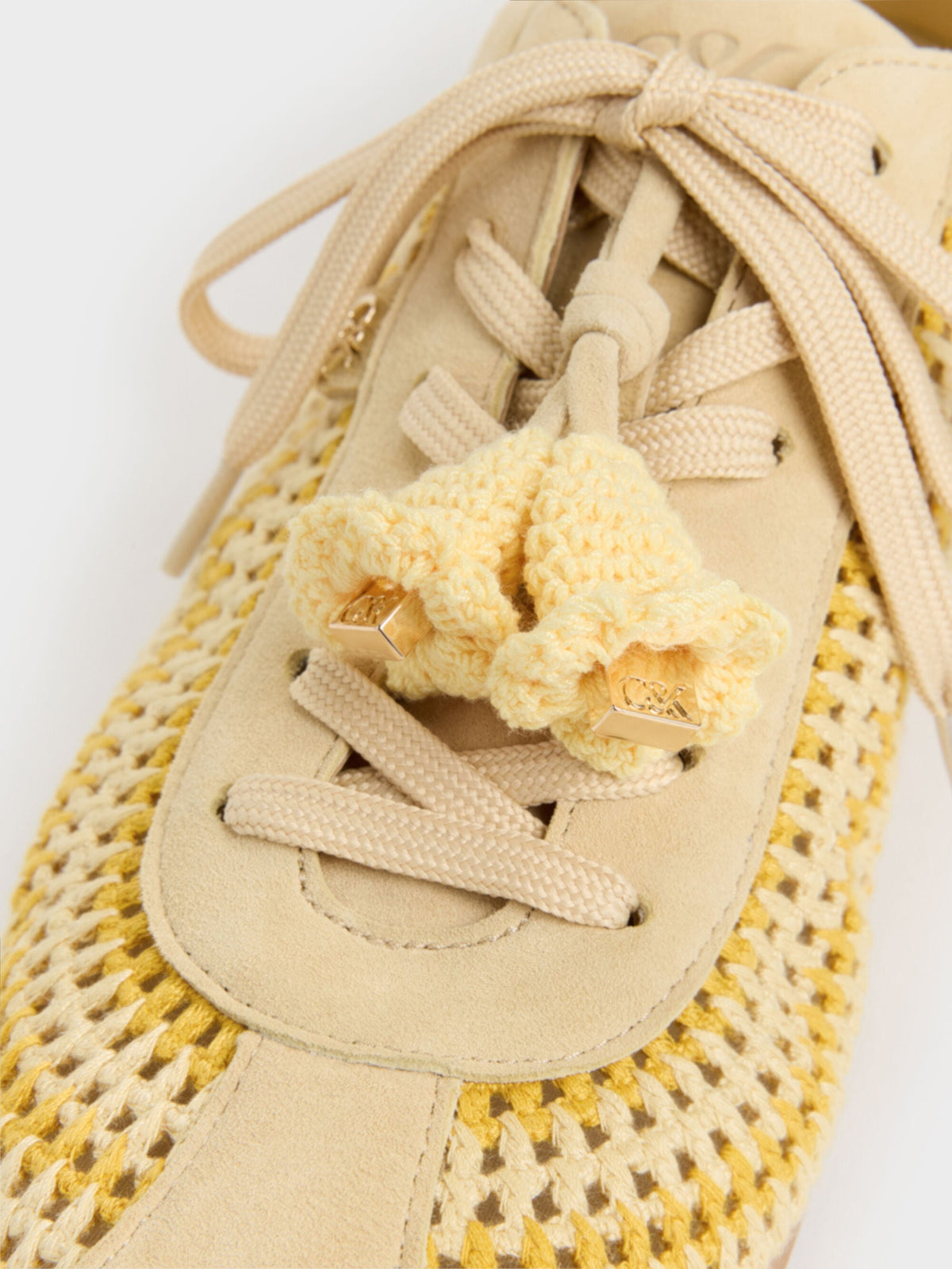 CHARLES & KEITH Premium / Jace Crochet & Suede Flower Sneakers - Yellow