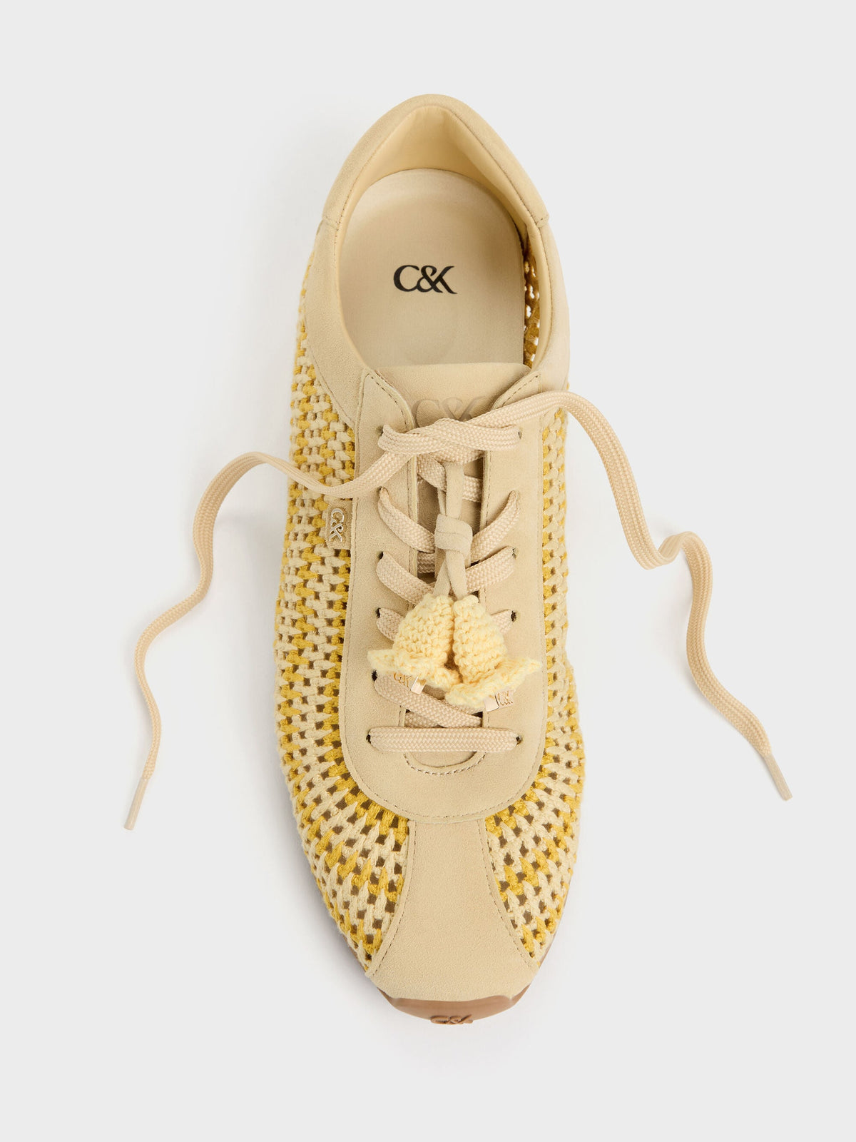 CHARLES & KEITH Premium / Jace Crochet & Suede Flower Sneakers - Yellow