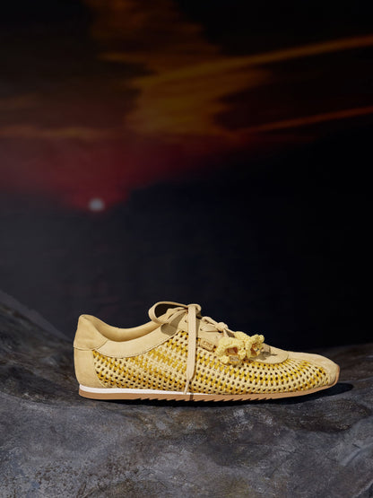 CHARLES & KEITH Premium / Jace Crochet & Suede Flower Sneakers - Yellow