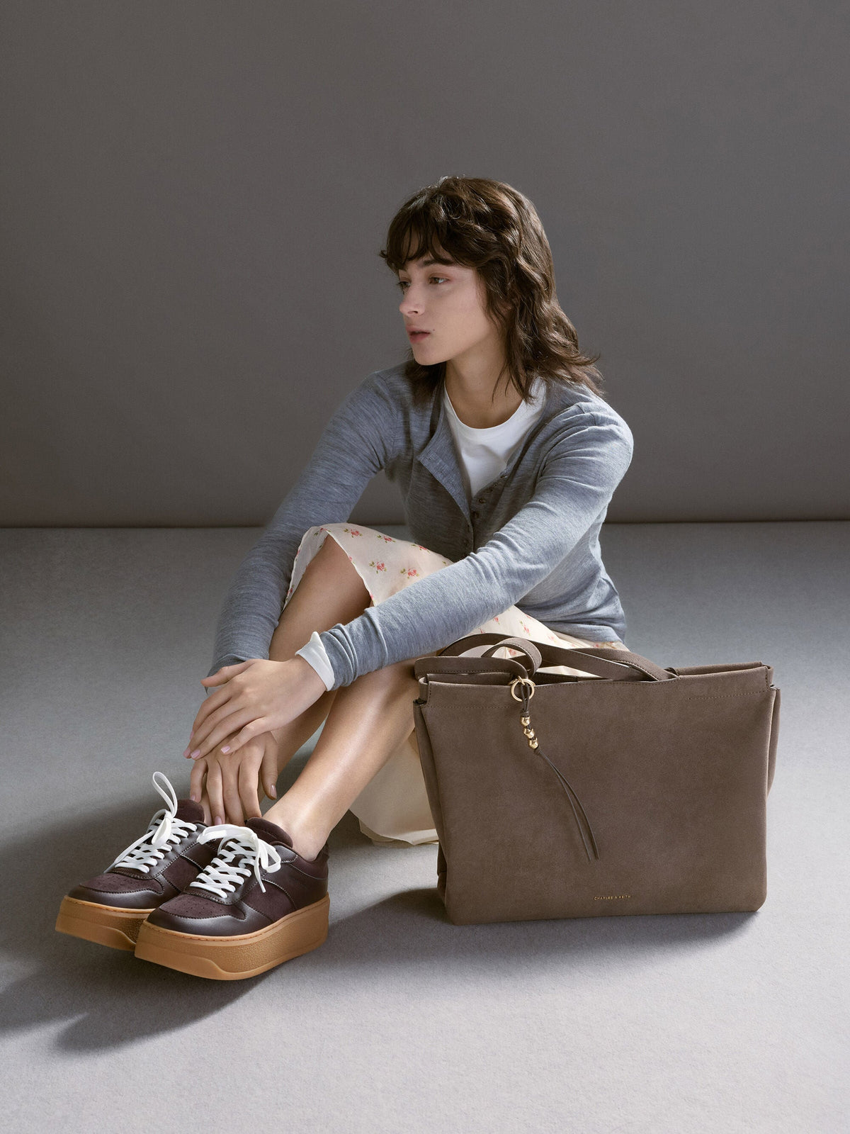 CHARLES & KEITH Customer Favorite / Faux Suede Platform Sneakers - Dark Brown Textured