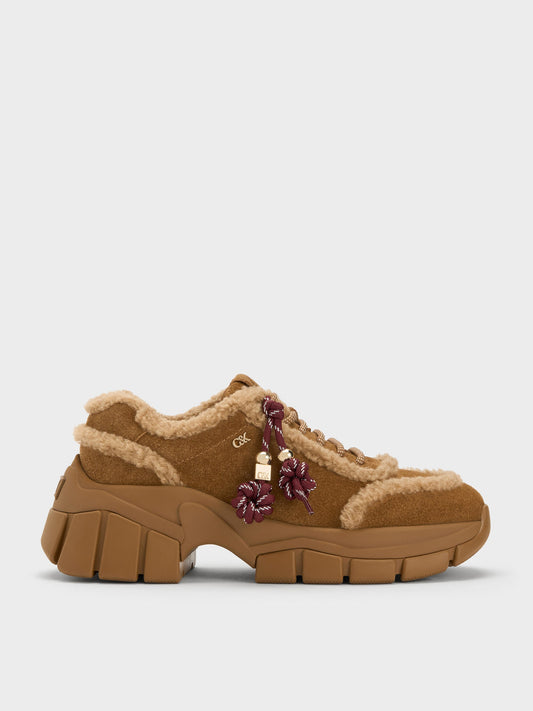 CHARLES & KEITH Exclusive / Yunna Suede & Faux Shearling Chunky Sneakers - Brown