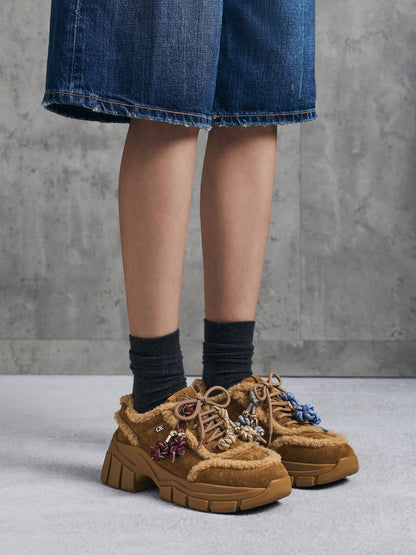 CHARLES & KEITH Exclusive / Yunna Suede & Faux Shearling Chunky Sneakers - Brown