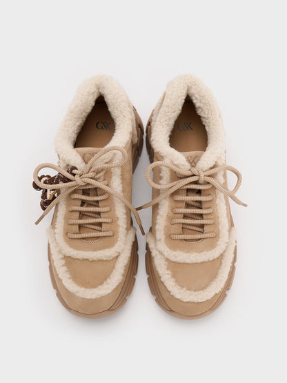 CHARLES & KEITH Special Offer / Yunna Suede & Faux Shearling Chunky Sneakers - Beige