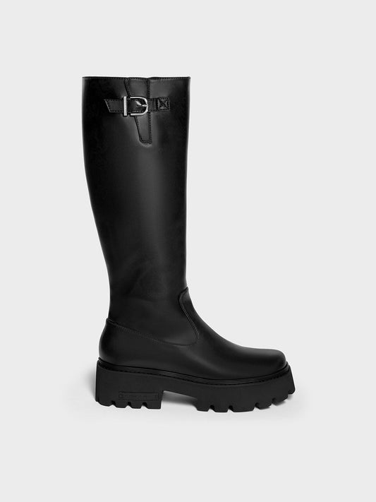 CHARLES & KEITH Trending / Imogen Side-Buckle Chunky Knee-High Boots - Black