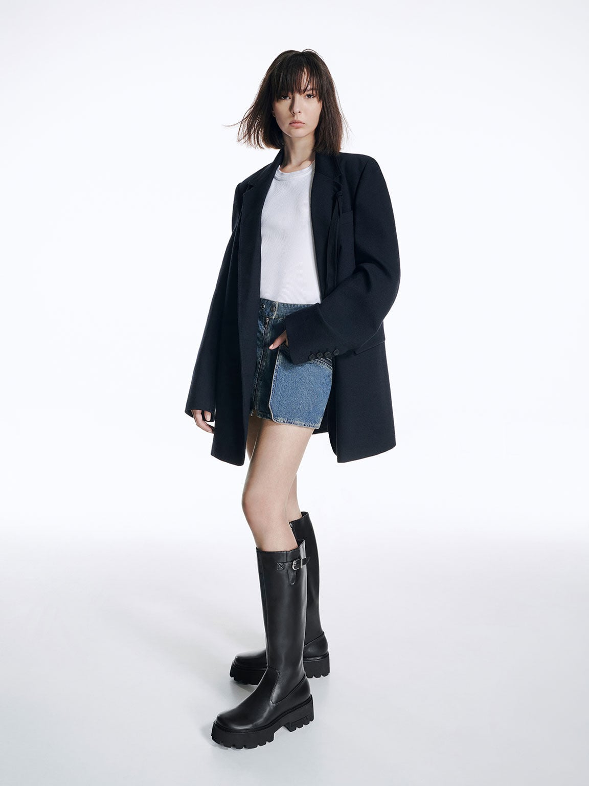 CHARLES & KEITH Trending / Imogen Side-Buckle Chunky Knee-High Boots - Black