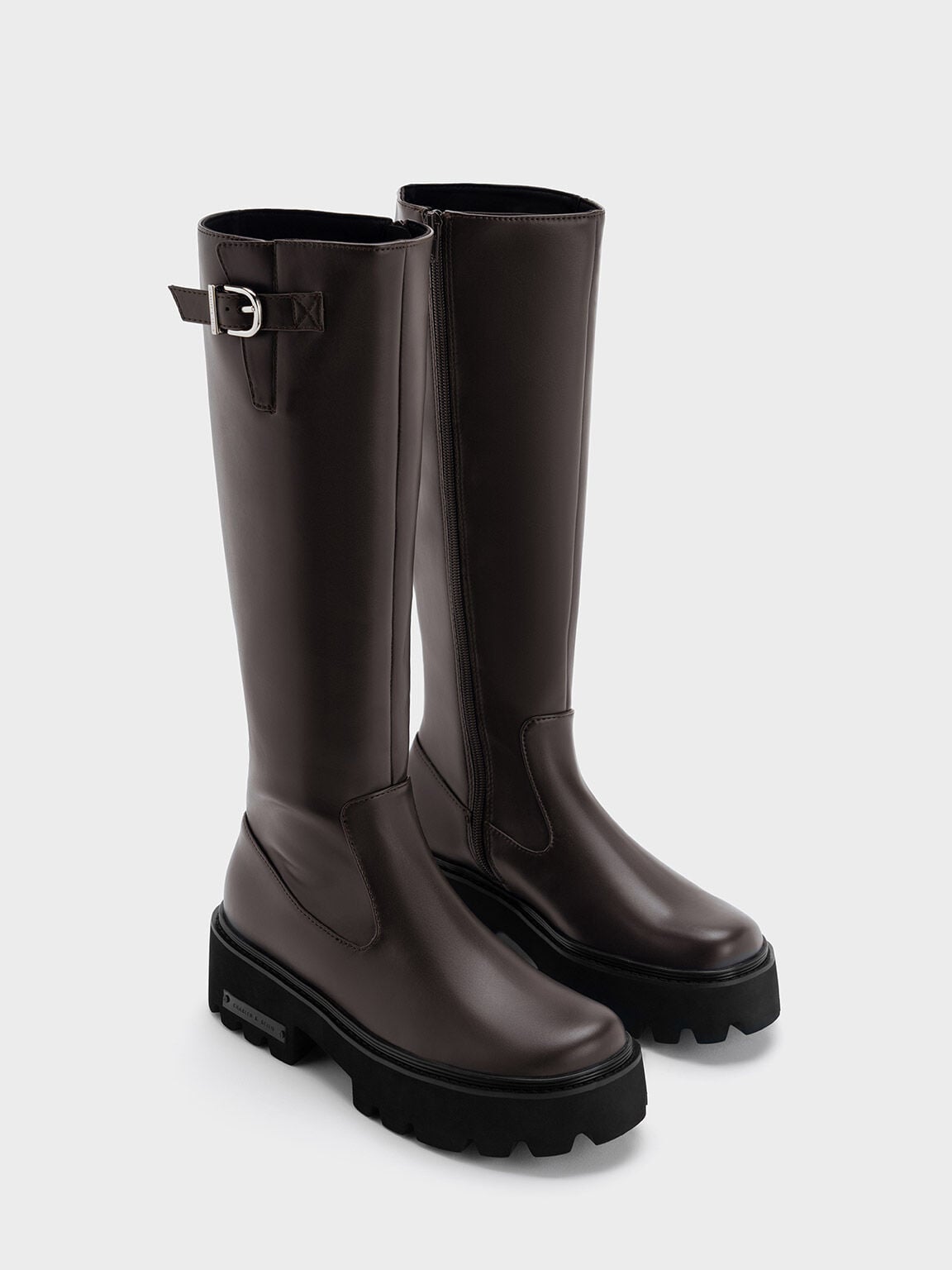 CHARLES & KEITH Exclusive / Imogen Side-Buckle Chunky Knee-High Boots - Dark Brown
