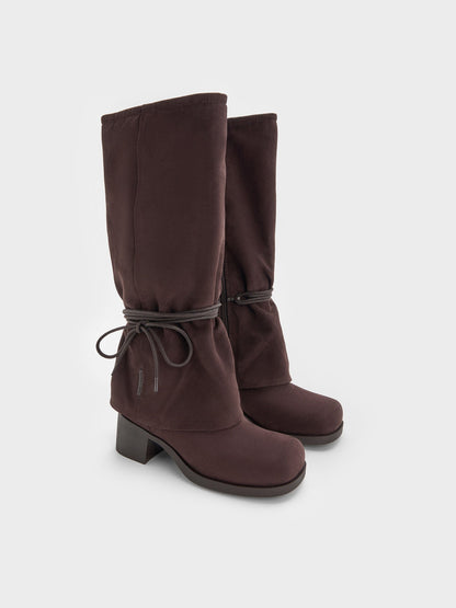 CHARLES & KEITH Best Price / Faux Suede Tie-Around Knee-High Boots - Dark Brown Textured