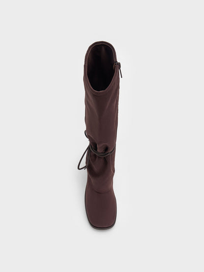 CHARLES & KEITH Best Price / Faux Suede Tie-Around Knee-High Boots - Dark Brown Textured
