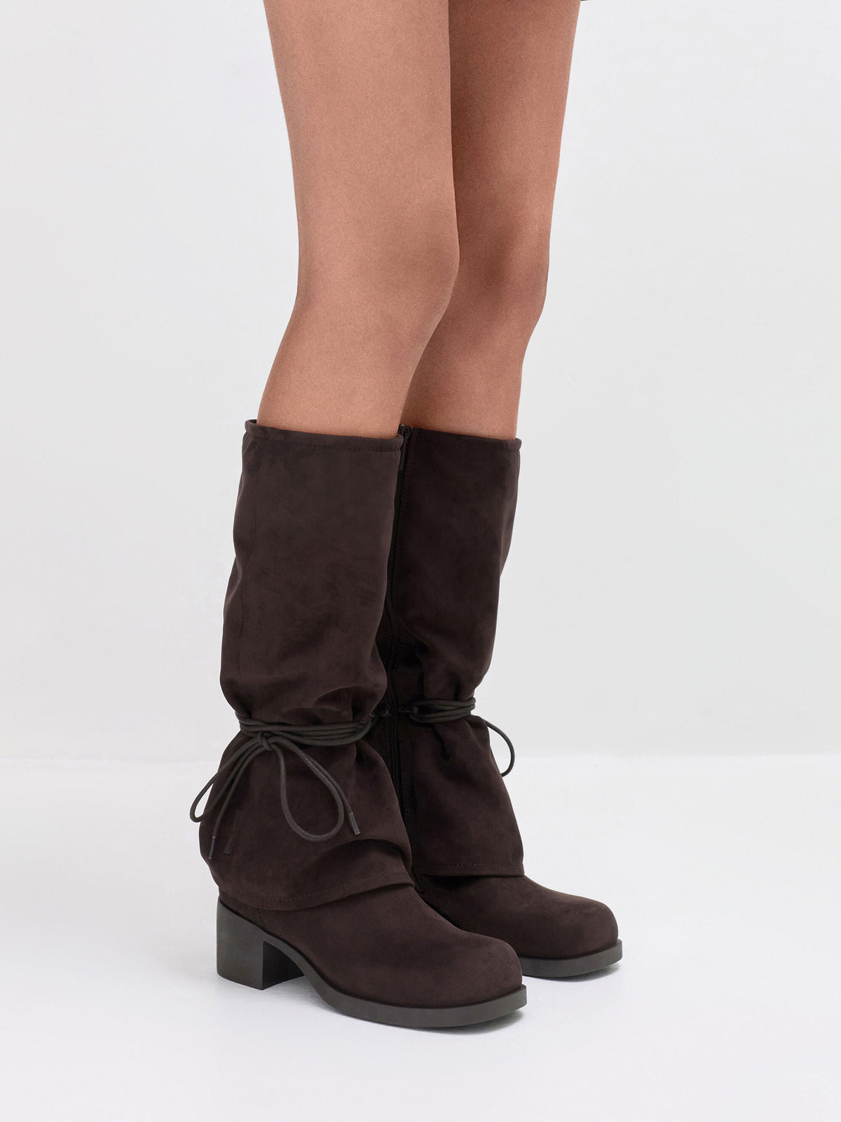 CHARLES & KEITH Best Price / Faux Suede Tie-Around Knee-High Boots - Dark Brown Textured