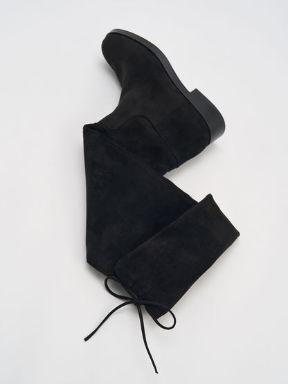 CHARLES & KEITH Great Value / Louisa Faux Suede Fold-Over Thigh-High Boots - Black Textured