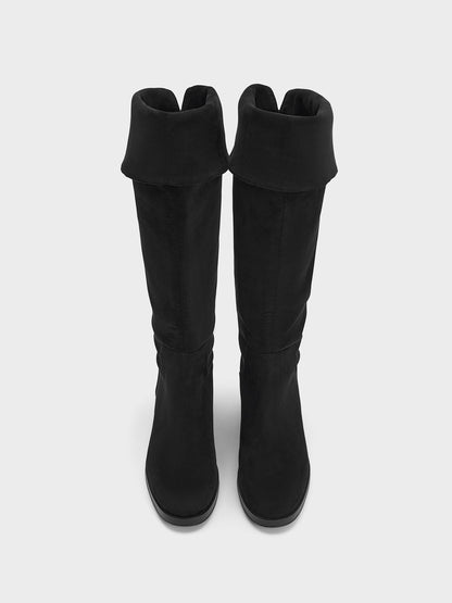 CHARLES & KEITH Great Value / Louisa Faux Suede Fold-Over Thigh-High Boots - Black Textured