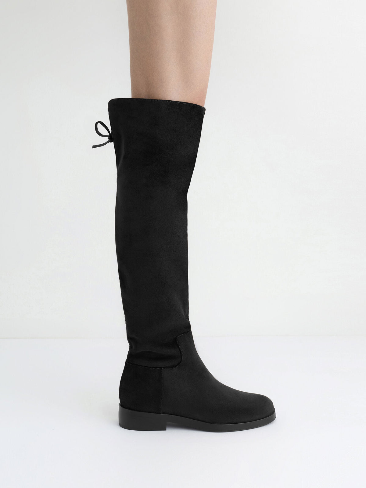 CHARLES & KEITH Great Value / Louisa Faux Suede Fold-Over Thigh-High Boots - Black Textured
