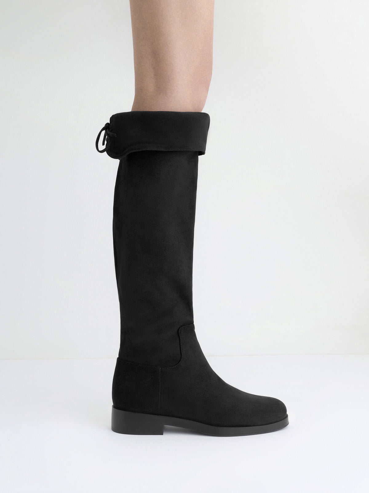 CHARLES & KEITH Great Value / Louisa Faux Suede Fold-Over Thigh-High Boots - Black Textured