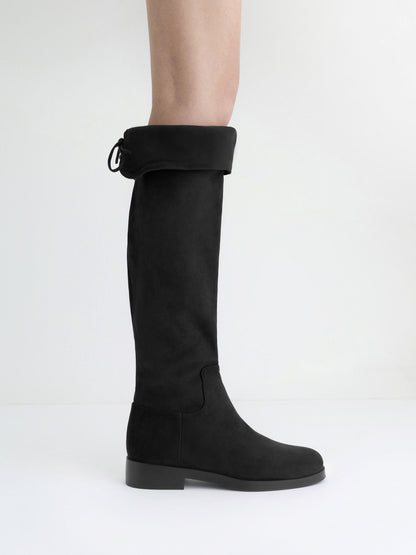 CHARLES & KEITH Great Value / Louisa Faux Suede Fold-Over Thigh-High Boots - Black Textured
