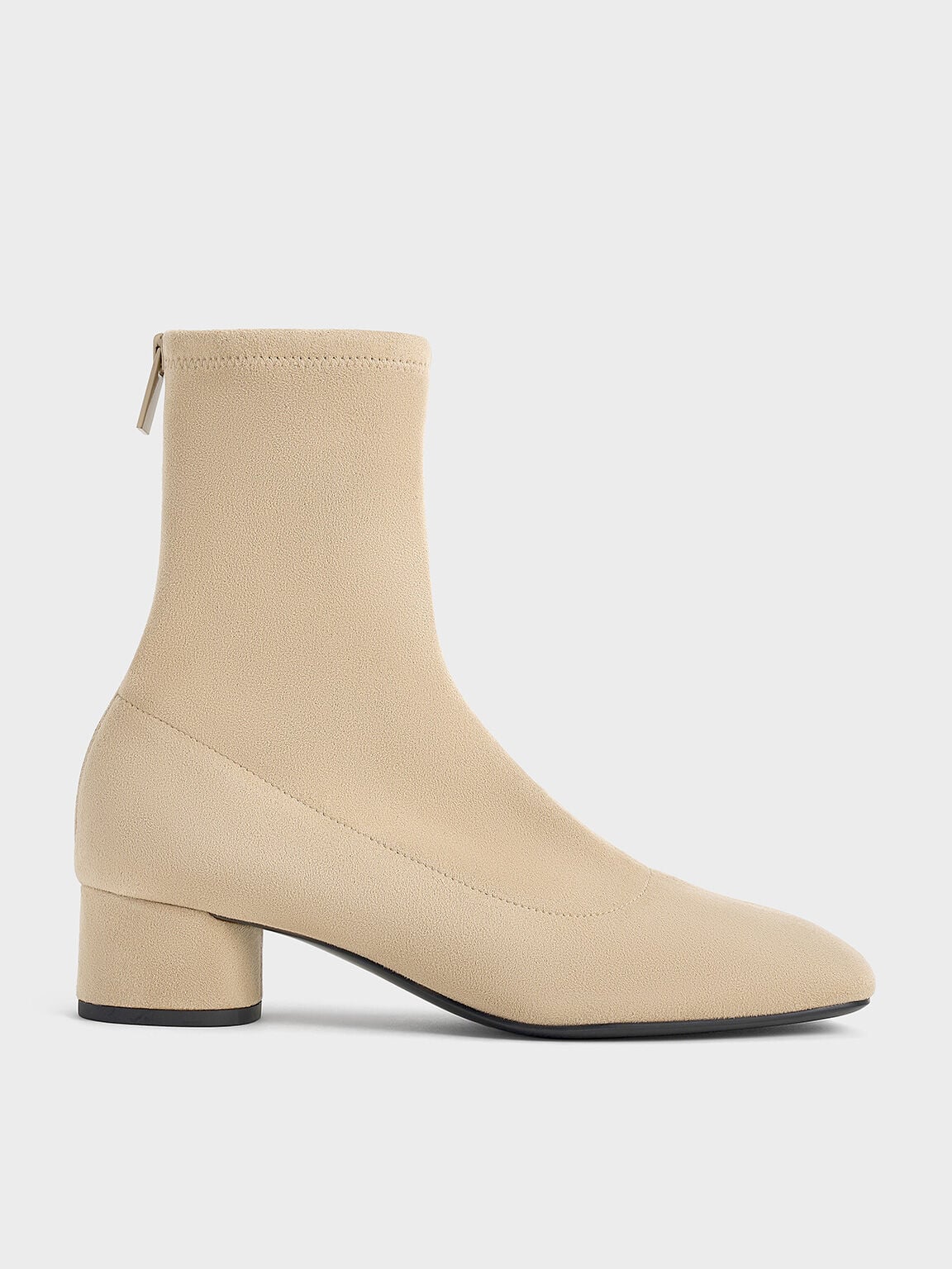 CHARLES & KEITH Featured / Faux Suede Stitch-Trim Heeled Ankle Boots - Sand