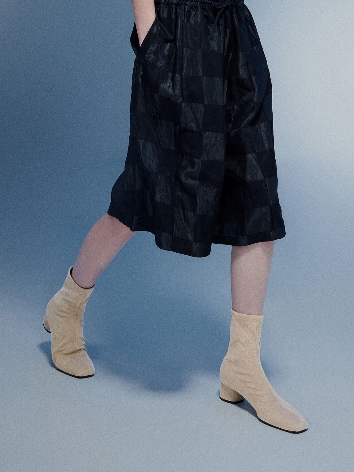CHARLES & KEITH Featured / Faux Suede Stitch-Trim Heeled Ankle Boots - Sand