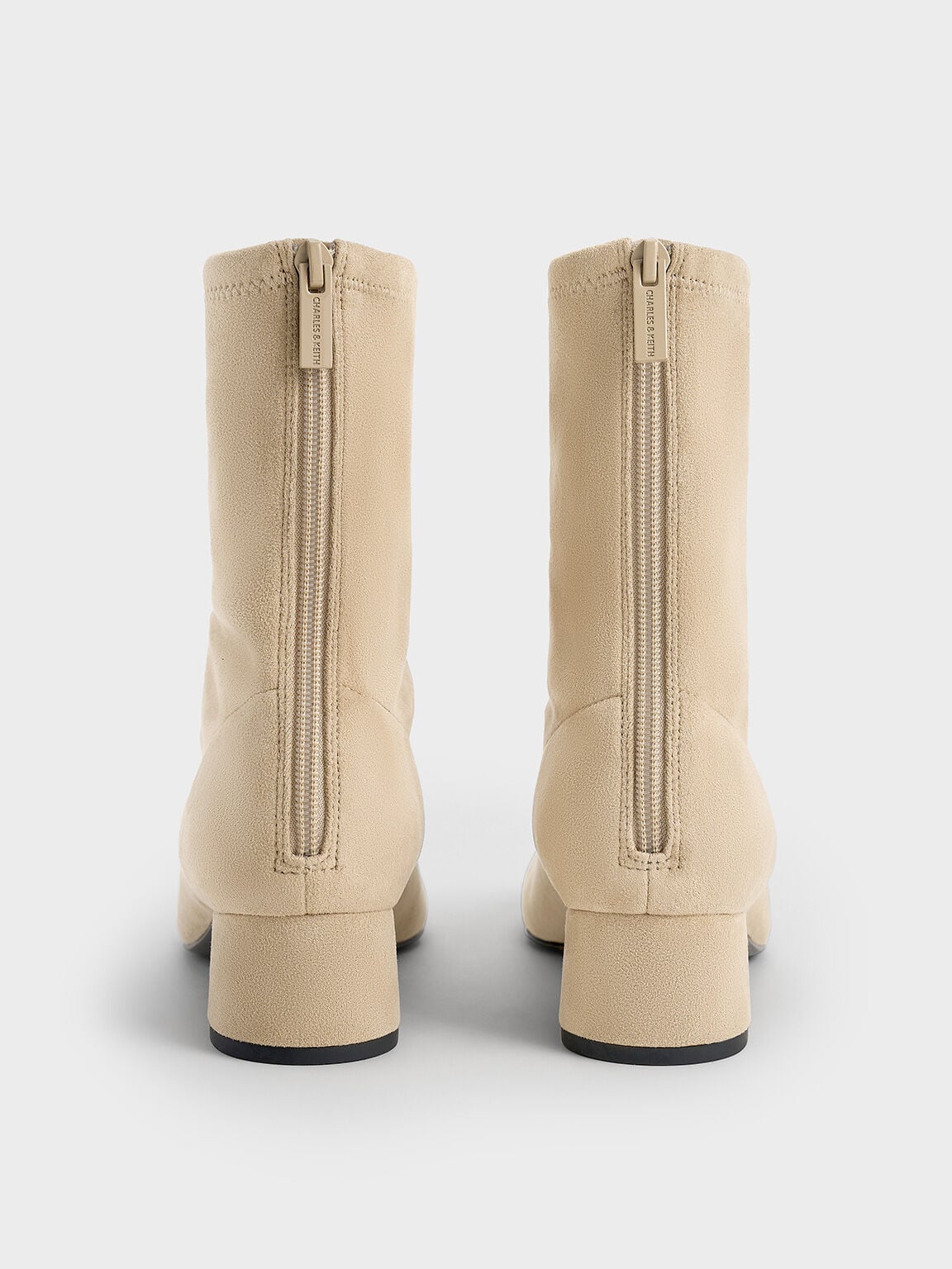 CHARLES & KEITH Featured / Faux Suede Stitch-Trim Heeled Ankle Boots - Sand
