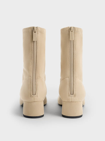 CHARLES & KEITH Featured / Faux Suede Stitch-Trim Heeled Ankle Boots - Sand
