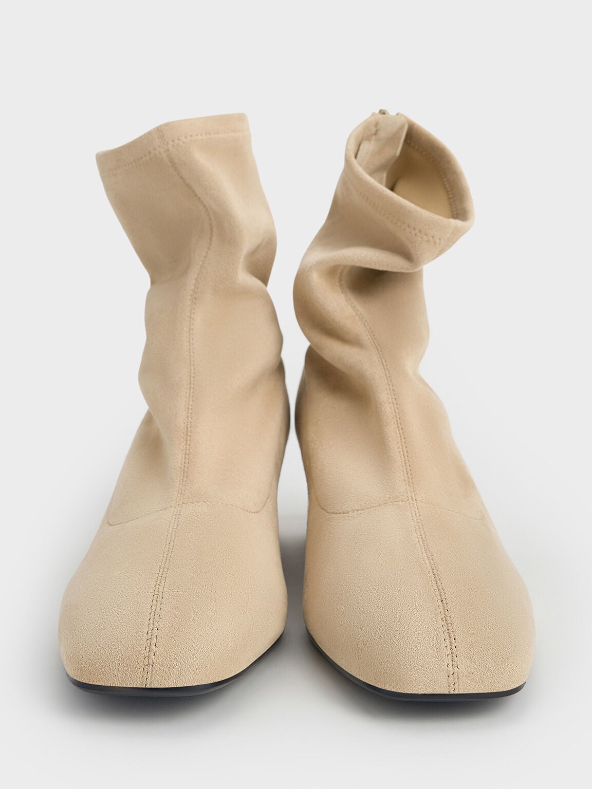 CHARLES & KEITH Featured / Faux Suede Stitch-Trim Heeled Ankle Boots - Sand