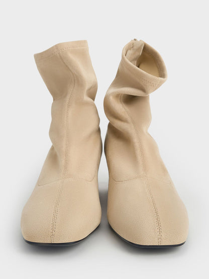 CHARLES & KEITH Featured / Faux Suede Stitch-Trim Heeled Ankle Boots - Sand