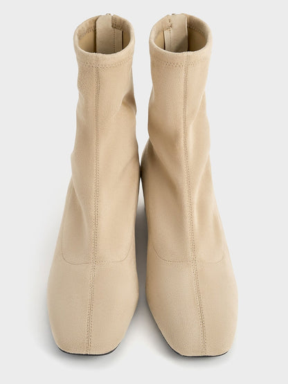 CHARLES & KEITH Featured / Faux Suede Stitch-Trim Heeled Ankle Boots - Sand