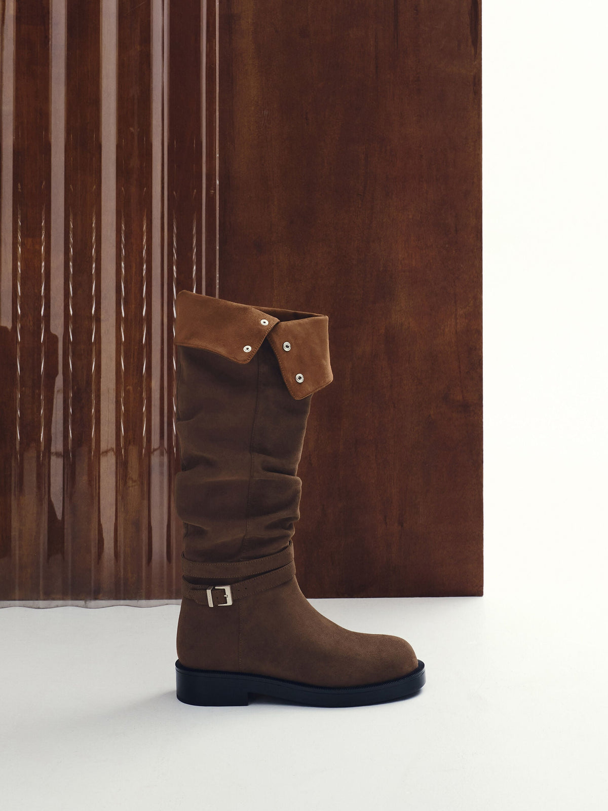 CHARLES & KEITH Essential / Eilis Faux Suede Thigh-High Boots - Dark Brown Textured