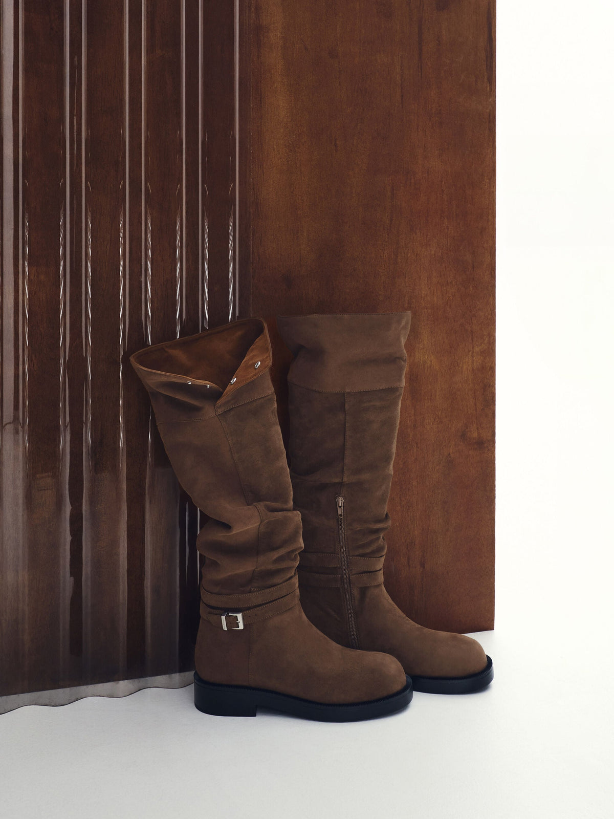 CHARLES & KEITH Essential / Eilis Faux Suede Thigh-High Boots - Dark Brown Textured