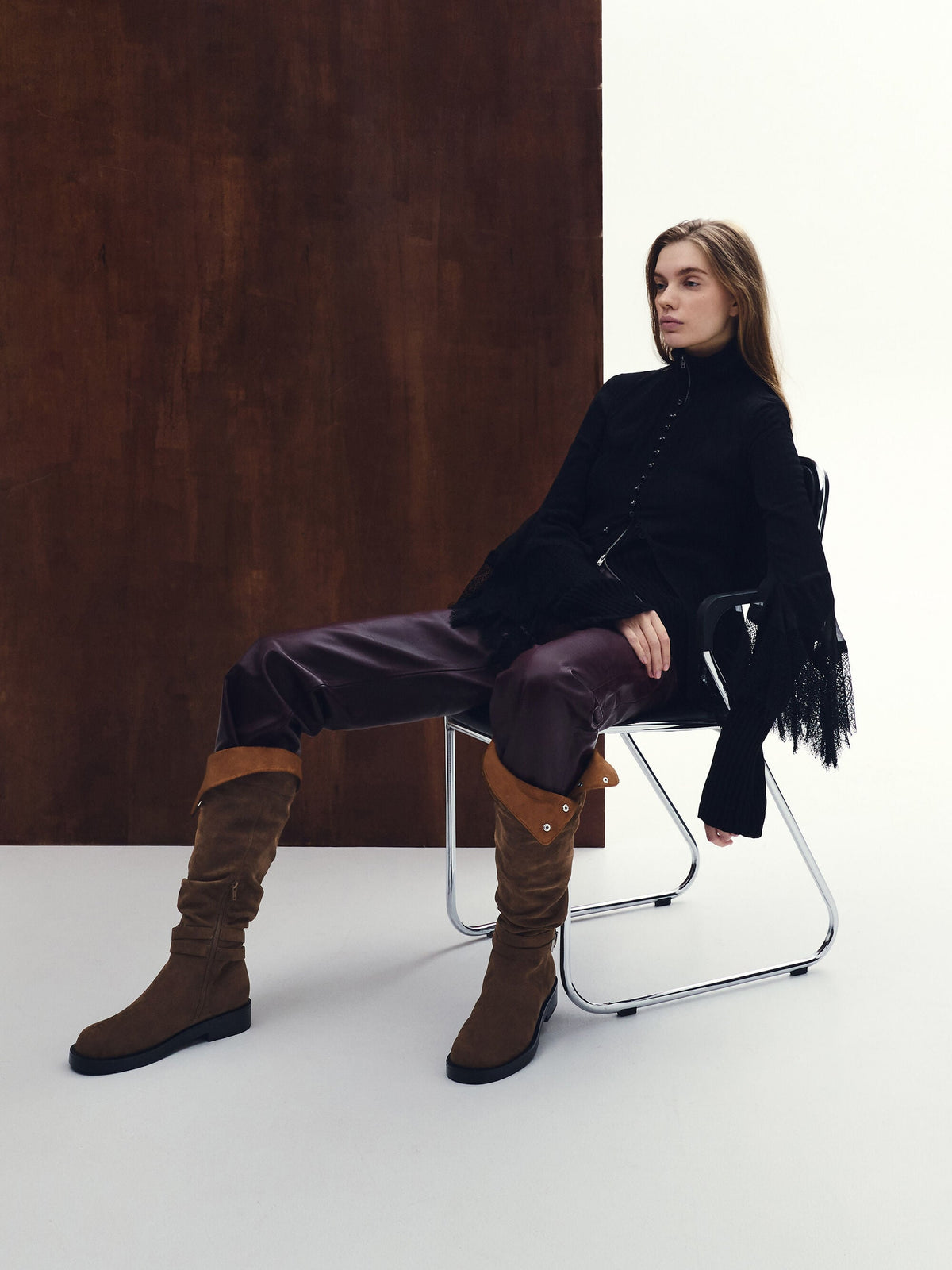 CHARLES & KEITH Essential / Eilis Faux Suede Thigh-High Boots - Dark Brown Textured