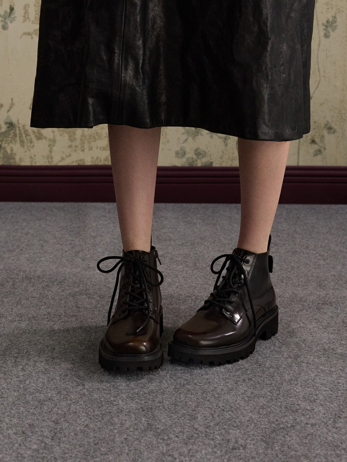 CHARLES & KEITH Premium / Ridged-Sole Side-Zip Combat Boots - Dark Brown