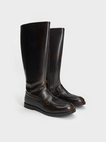 CHARLES & KEITH Trusted / Jagger Knee-High Loafer-Boots - Dark Brown