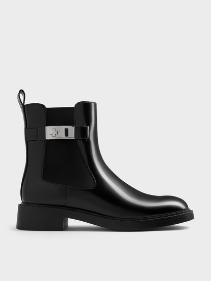 CHARLES & KEITH Quality / Lando Metallic-Buckle Chelsea Boots - Black Box