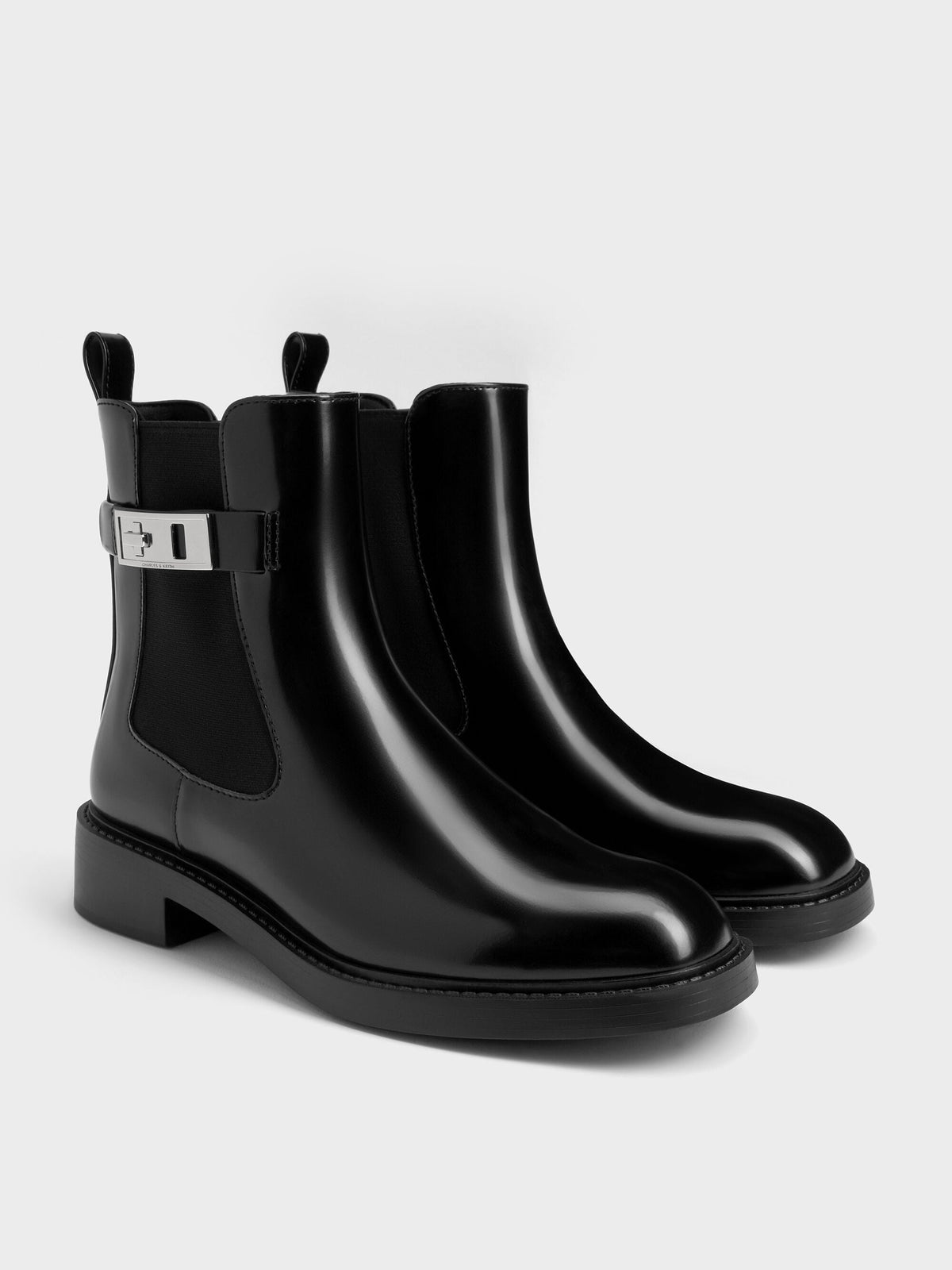 CHARLES & KEITH Quality / Lando Metallic-Buckle Chelsea Boots - Black Box