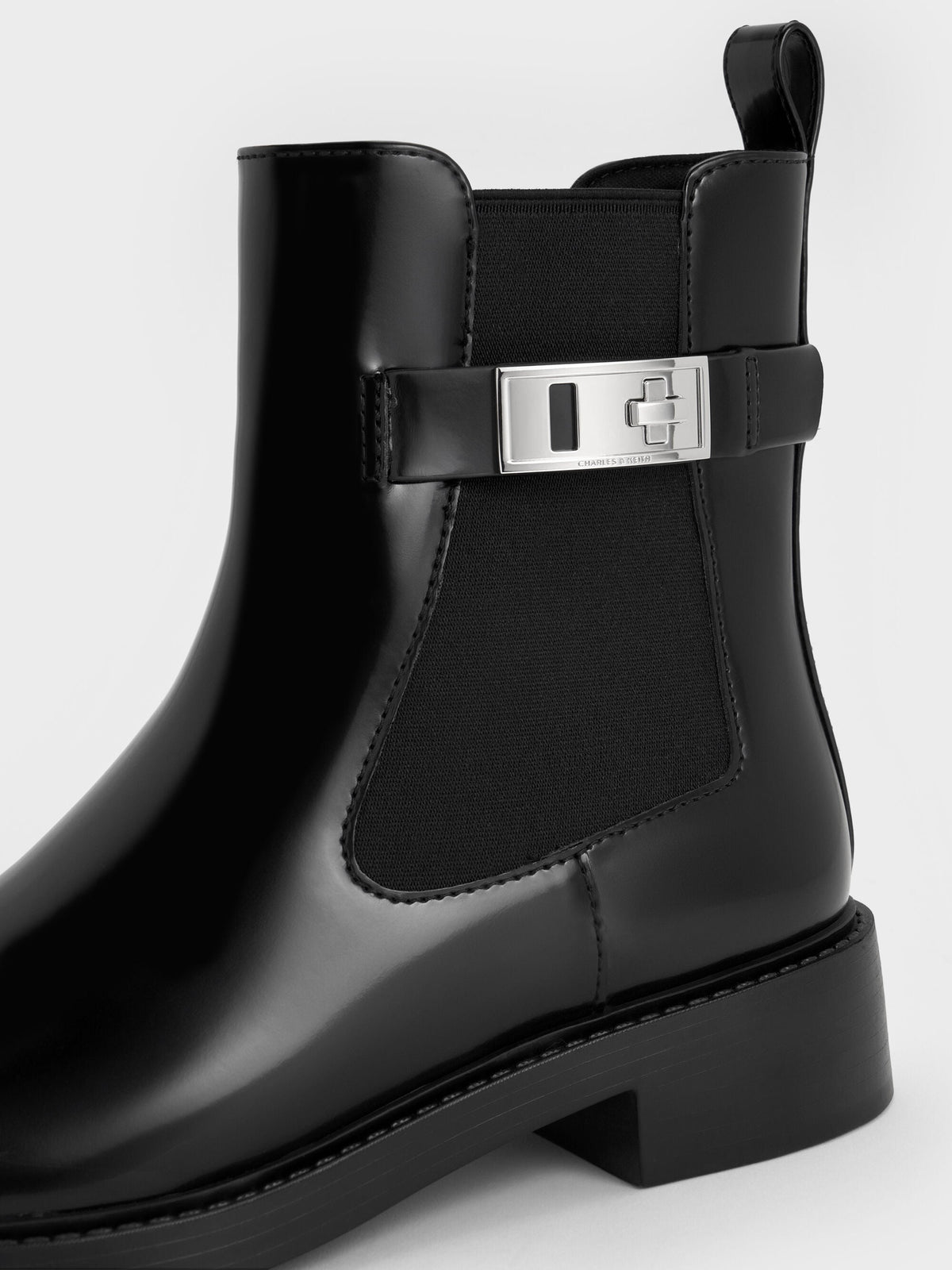 CHARLES & KEITH Quality / Lando Metallic-Buckle Chelsea Boots - Black Box