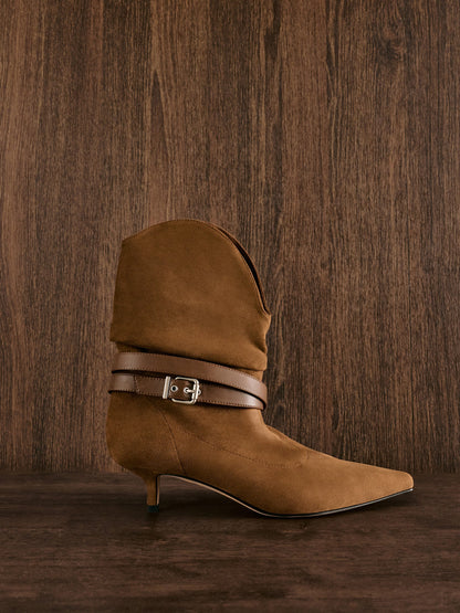 CHARLES & KEITH Popular / Karter Faux Suede Kitten-Heel Boots - Cognac