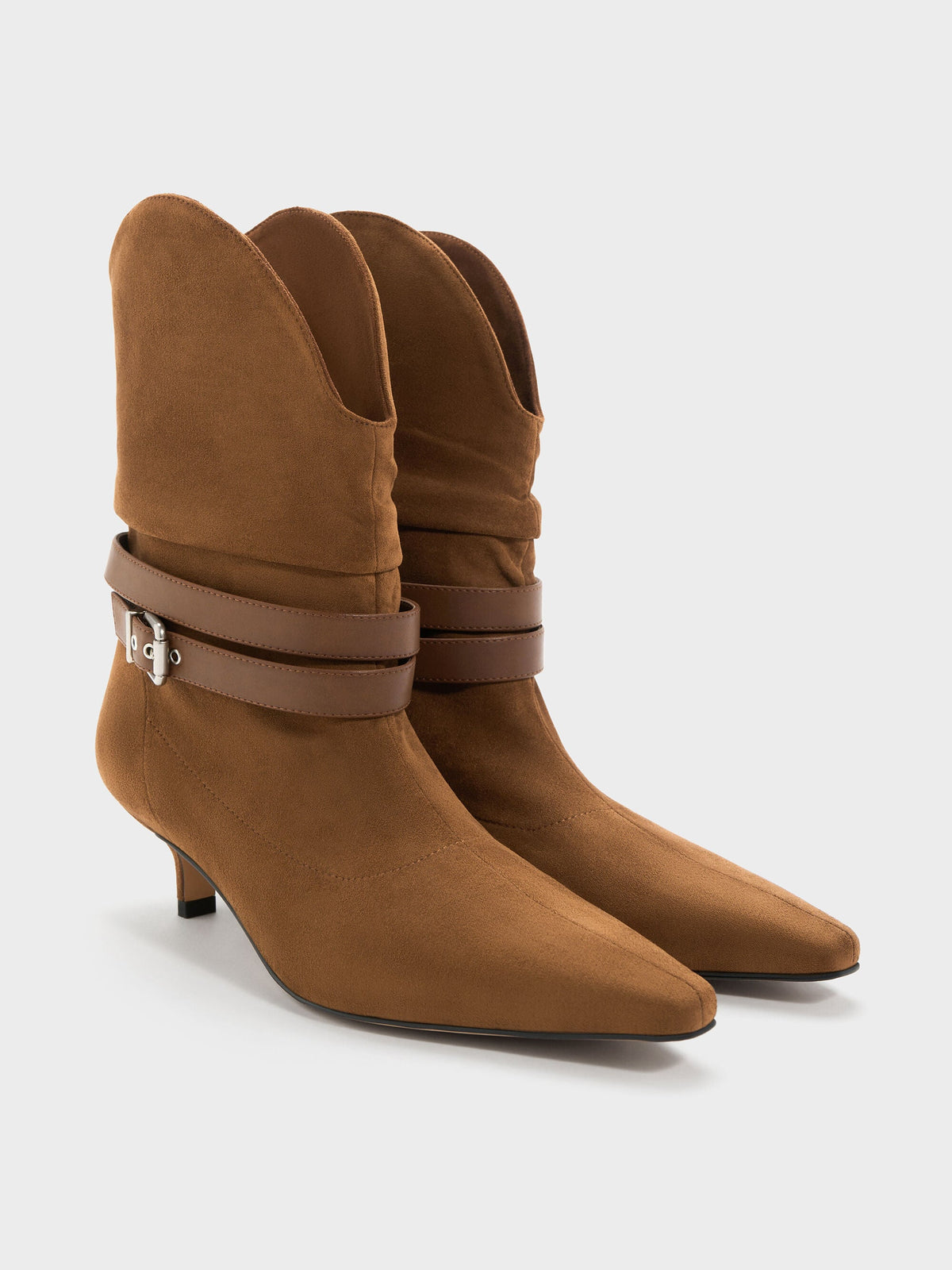 CHARLES & KEITH Popular / Karter Faux Suede Kitten-Heel Boots - Cognac